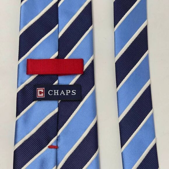 CHAPS RALPH LAUREN SILK TIE BLUE WHITE MIXED TEXTURE SATIN STRIPE 3.75" X 58" - Picture 3 of 3